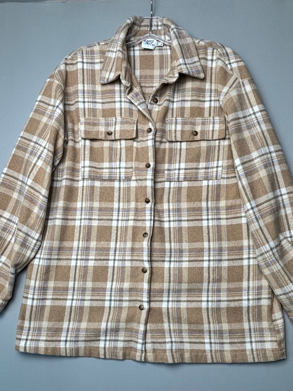 Princess Polly Beige Plaid Shacket Oversized Button Front Flannel Shirt US 6